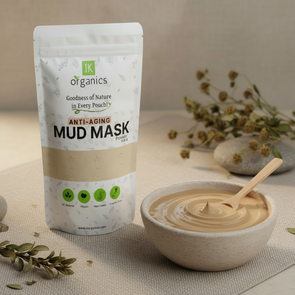 IK Organics Anti-Aging Mud Mask powder packaging on a natural background
