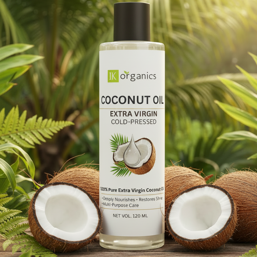 Bottle of IK Organics coconut oil with coconuts and green foliage in the background