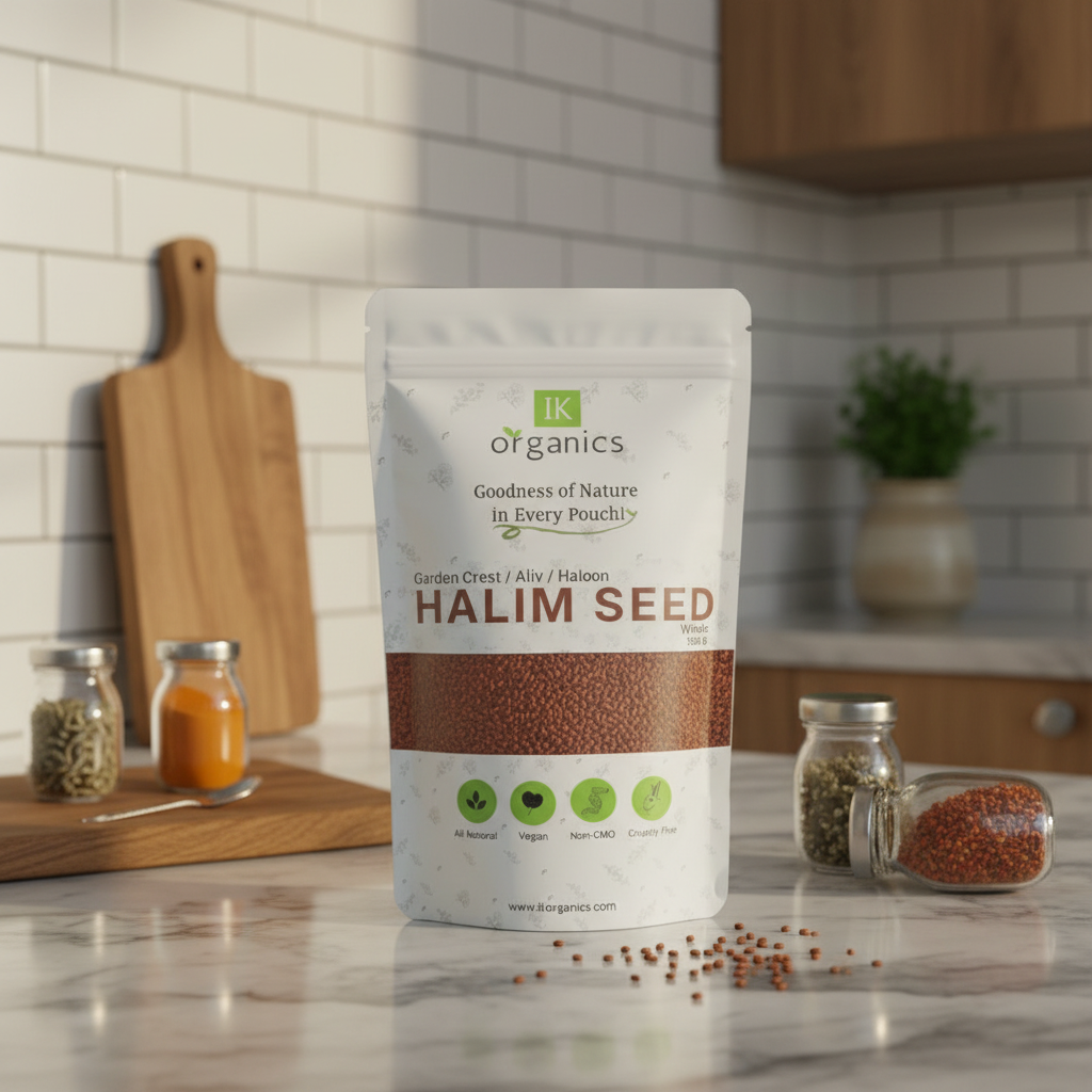 A package of IK Organics Halim Seed on a table in the kitchen