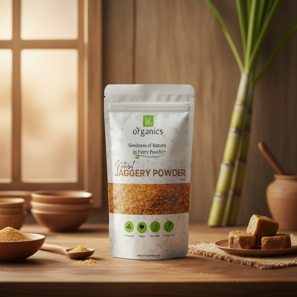 A package of IK Organics Natural Jaggery Powder on a table in the kitchen background