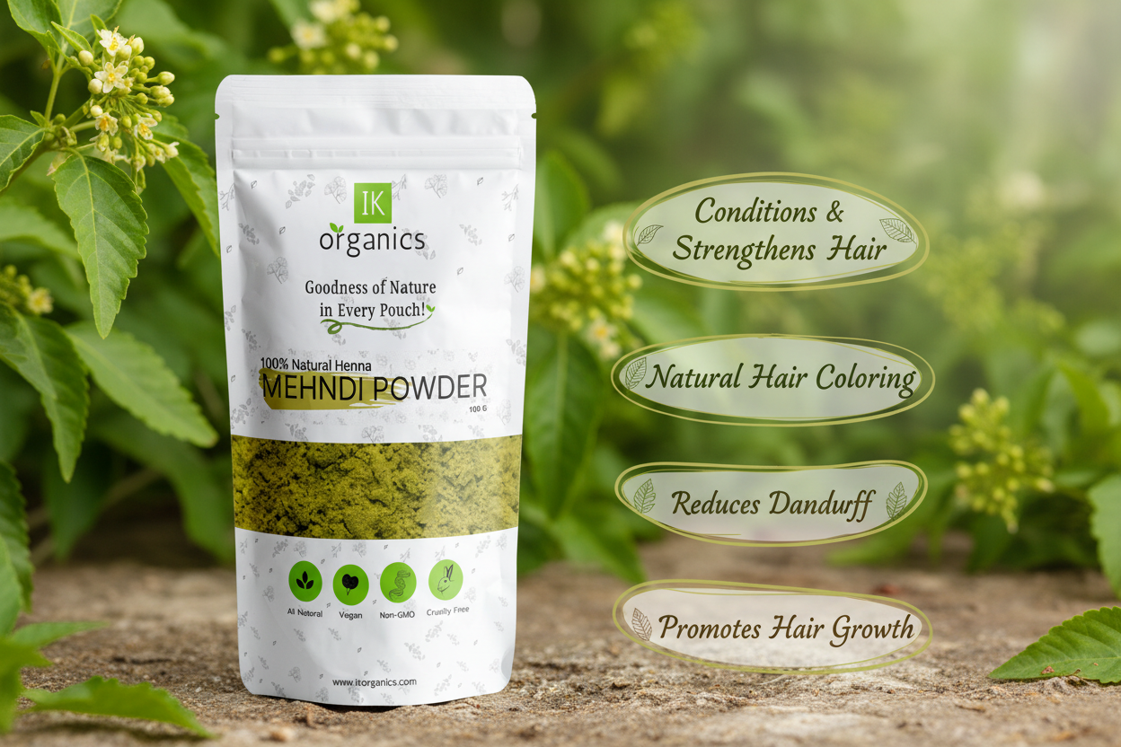 Package of IK Organics Mehndi Powder with benefits