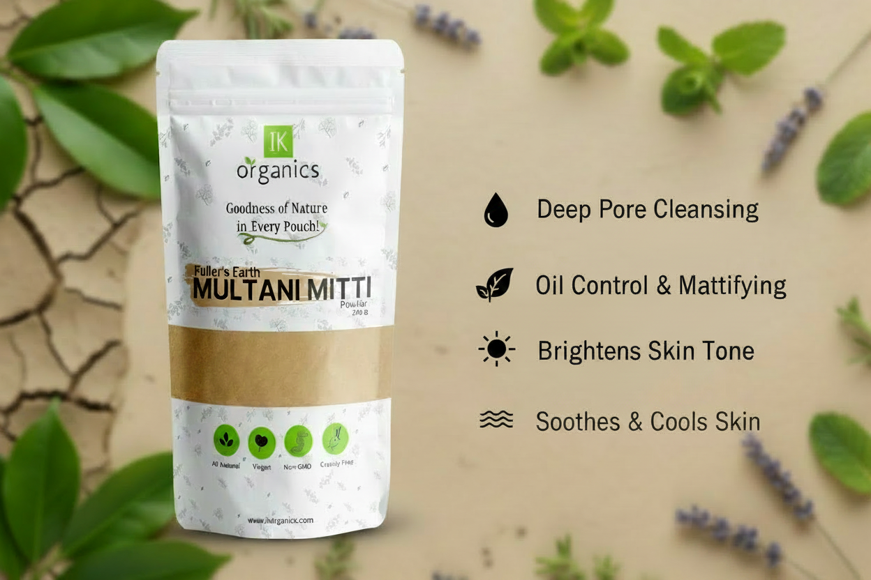 Package of TK Organics Multani Mitti benefits
