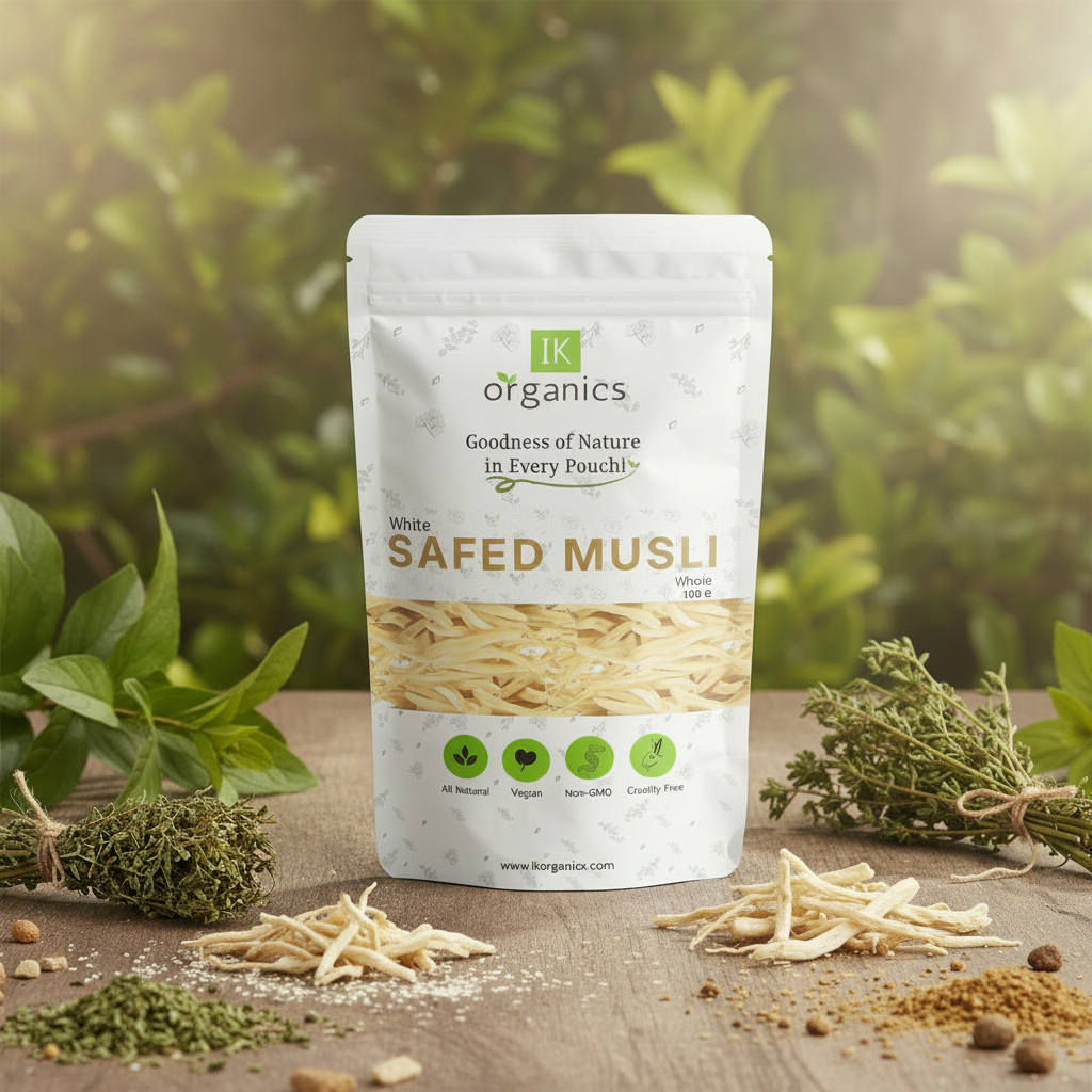 Package of IK Organics Safed Musli on a natural background