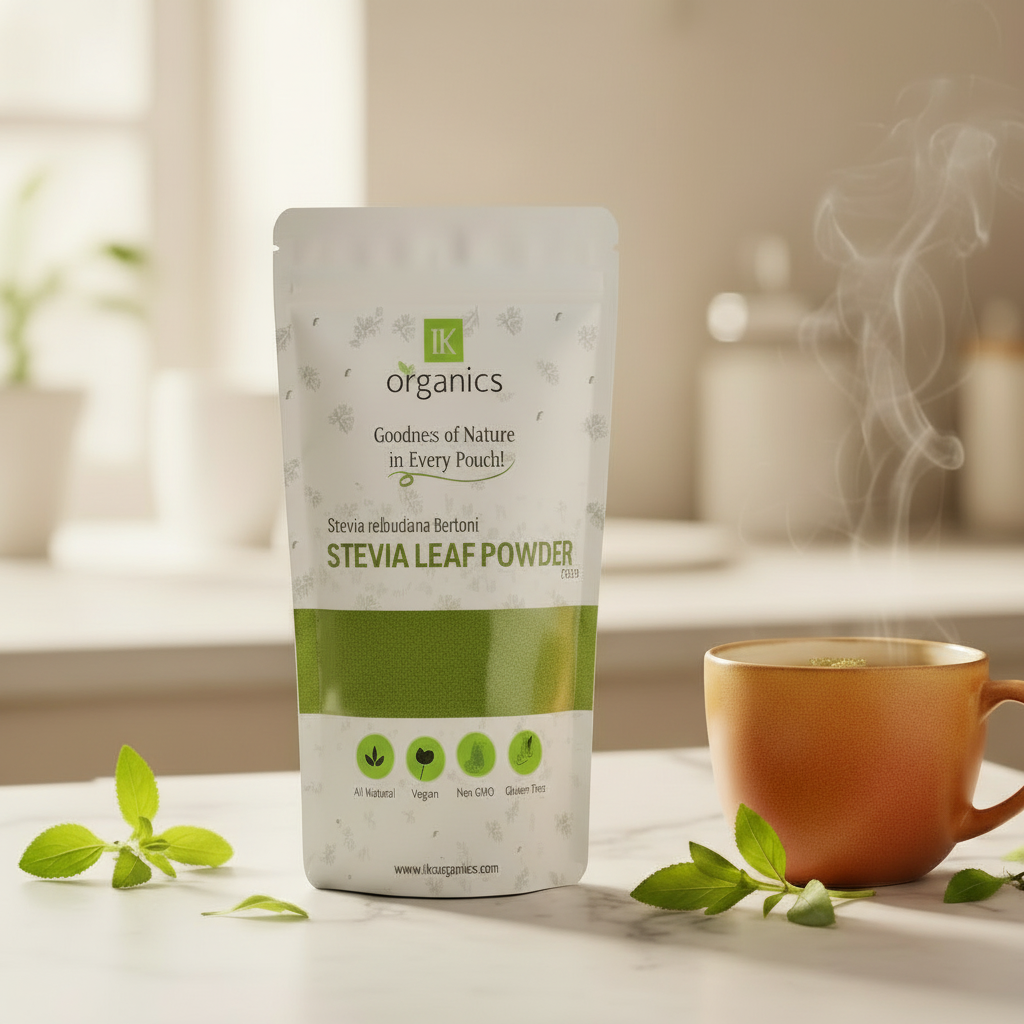 Stevia leaf powder package with IK Organics branding on a natural background