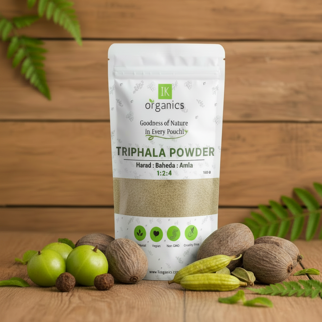 Package of Triphala Powder by IK Organics on a natural background