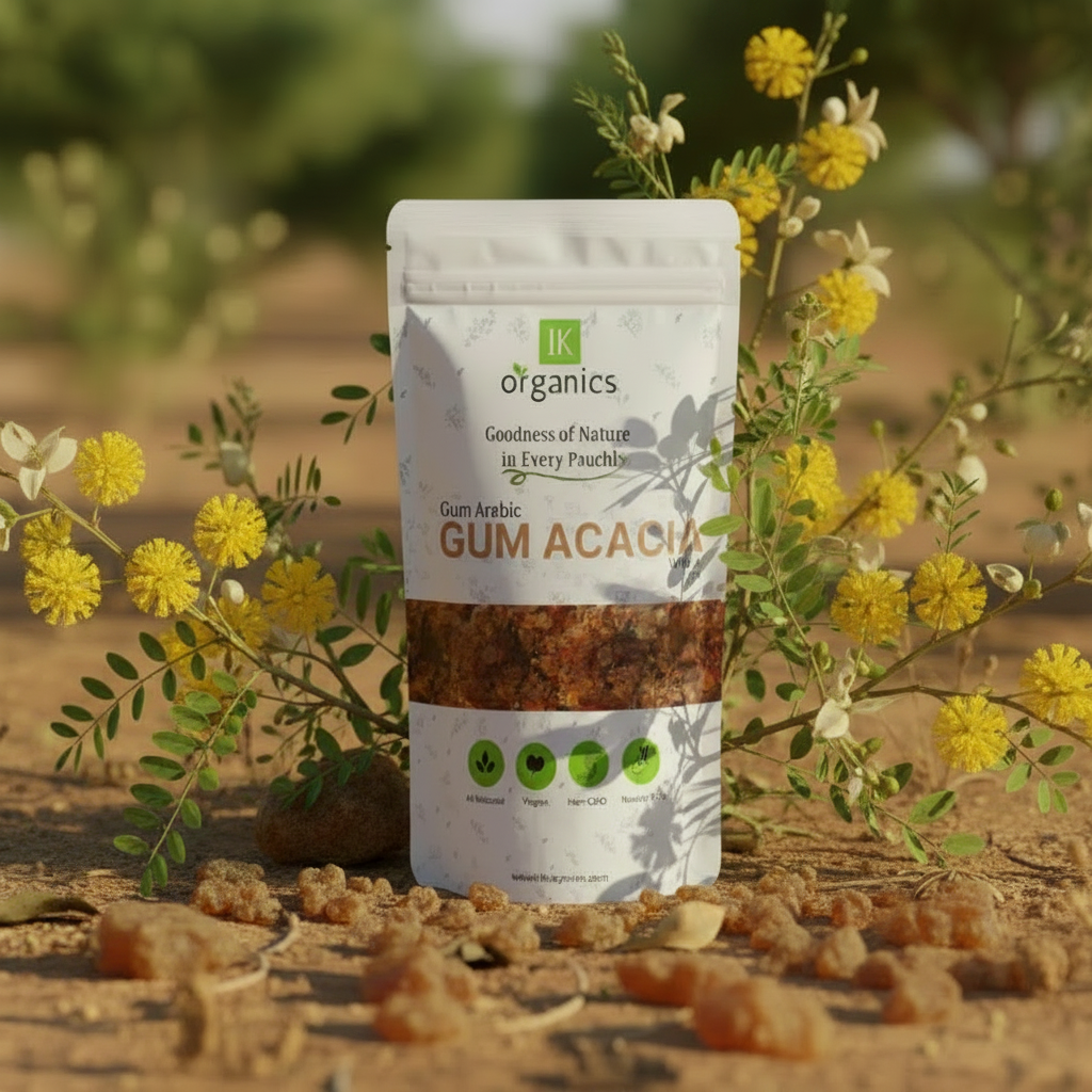 Package of Gum Acacia by IK Organics on a natural background