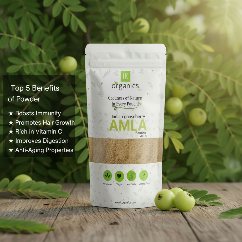 IK Organics Amla powder packaging on a white background