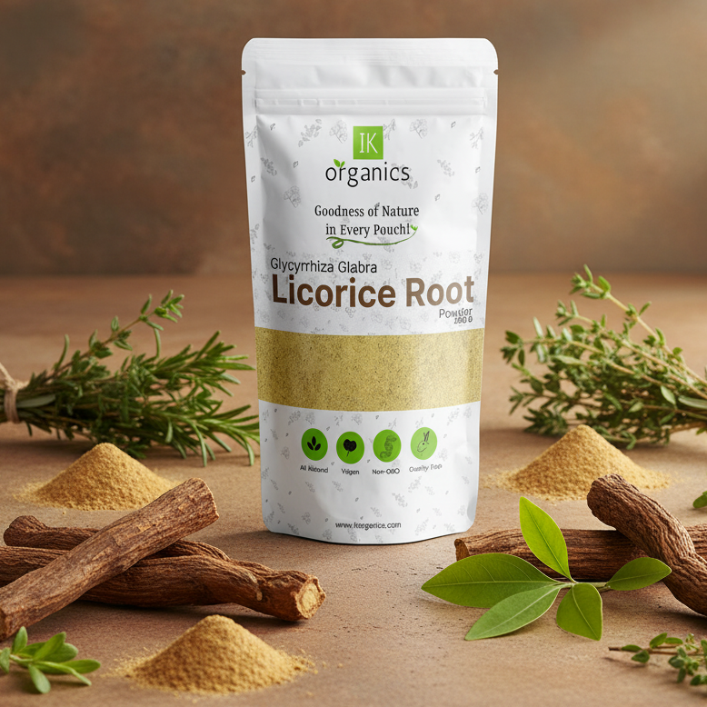 Package of IK Organics Licorice Root on a natural background