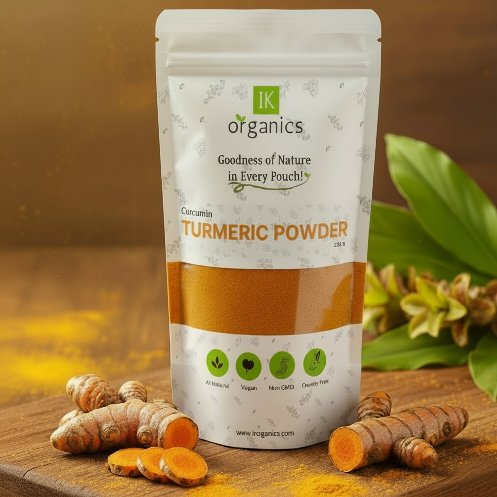 Package of IK Organics Turmeric Powder on a natural background
