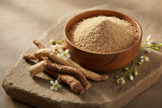 Ashwagandha root powder in a wooden bowl with dried ashwagandha roots on a natural stone surface