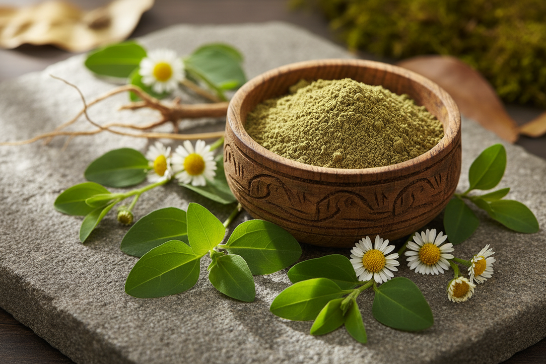 Bhringraj powder in a wooden bowl with fresh bhringraj leaves and flowers on a natural stone surface