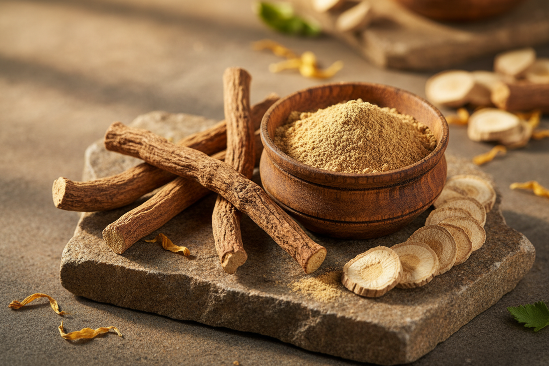 Licorice root powder in a wooden bowl with dried licorice root sticks on a natural stone surface