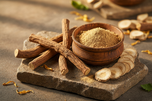 Licorice root powder in a wooden bowl with dried licorice root sticks on a natural stone surface