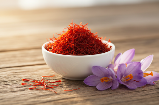 Deep-red saffron threads in a white ceramic bowl with purple crocus flowers and warm golden light