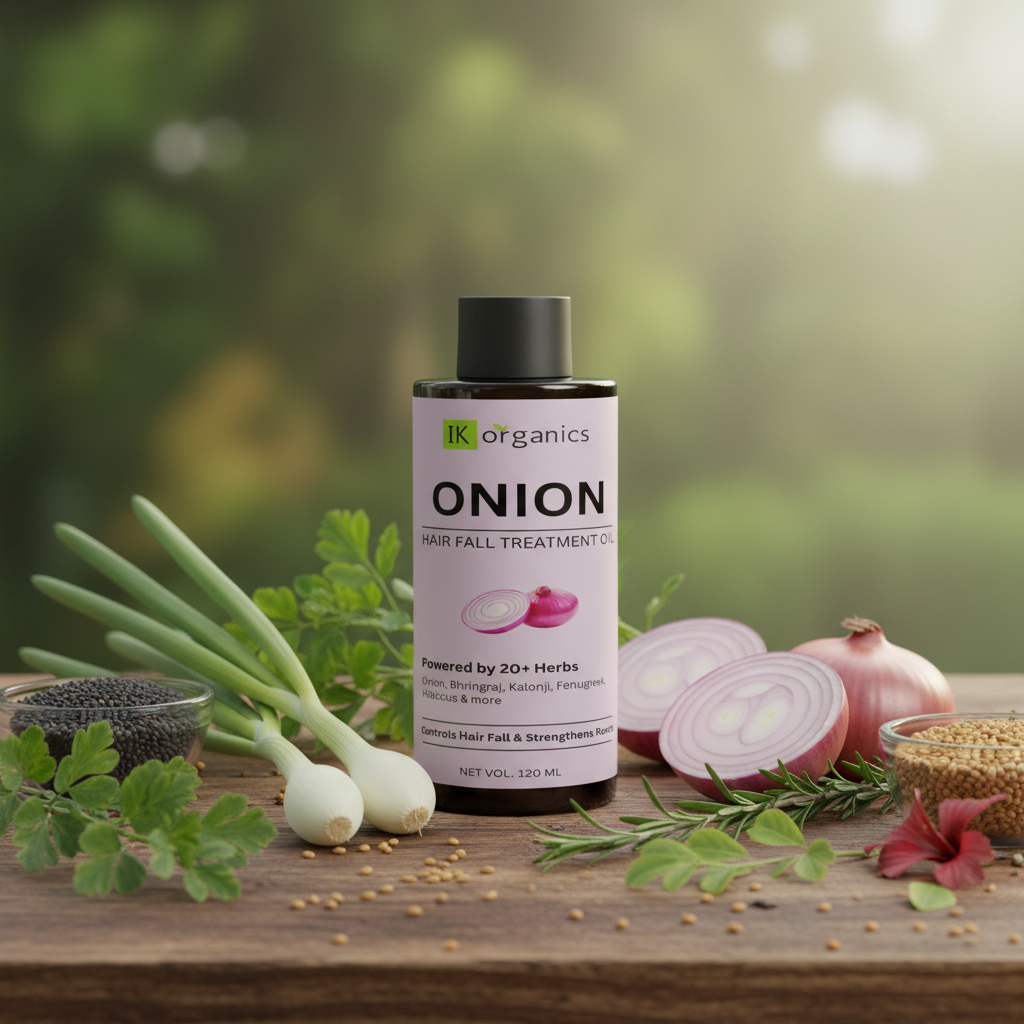 Hair fall treatment oil bottle with onion graphic on a natural background