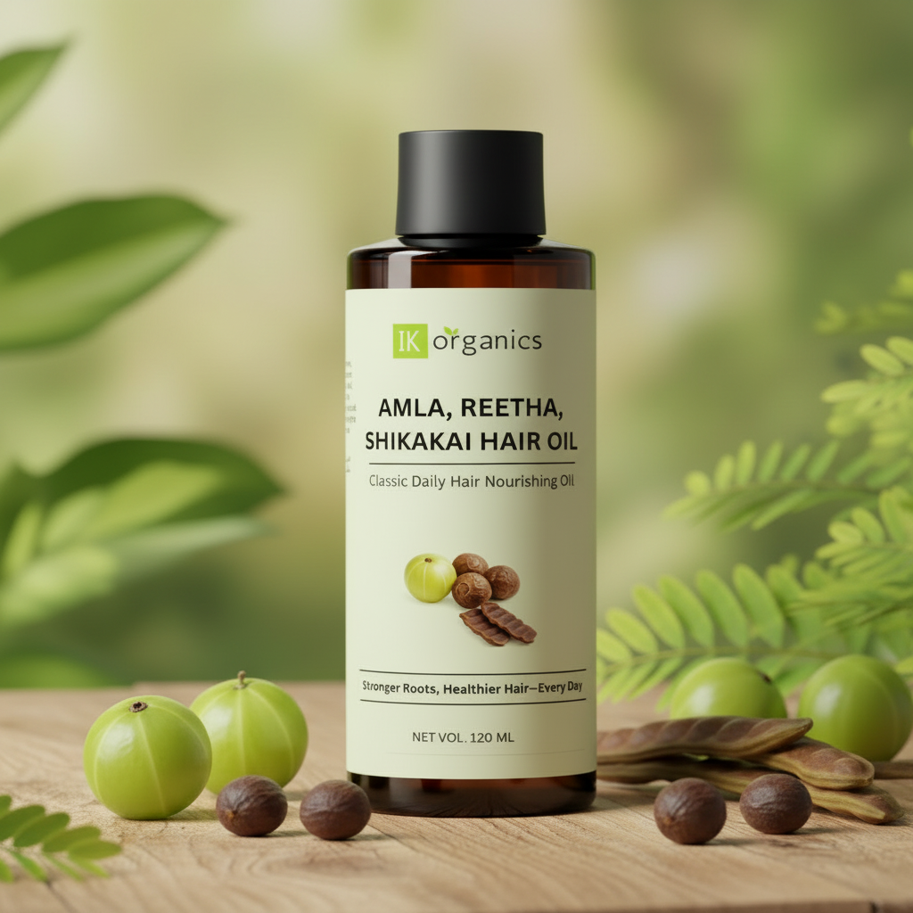 Bottle of Amla, Reetha, Shikakai Hair Oil with branding on a natural background