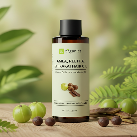 Bottle of Amla, Reetha, Shikakai Hair Oil with branding on a natural background