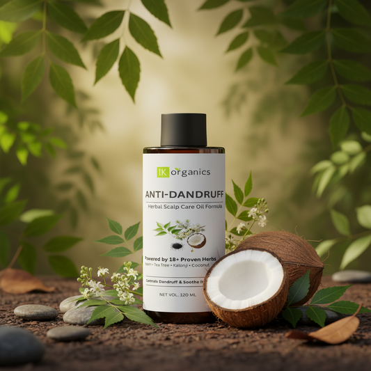 Bottle of IK Organics Anti-Dandruff Herbal Scalp Care Oil on a natural background