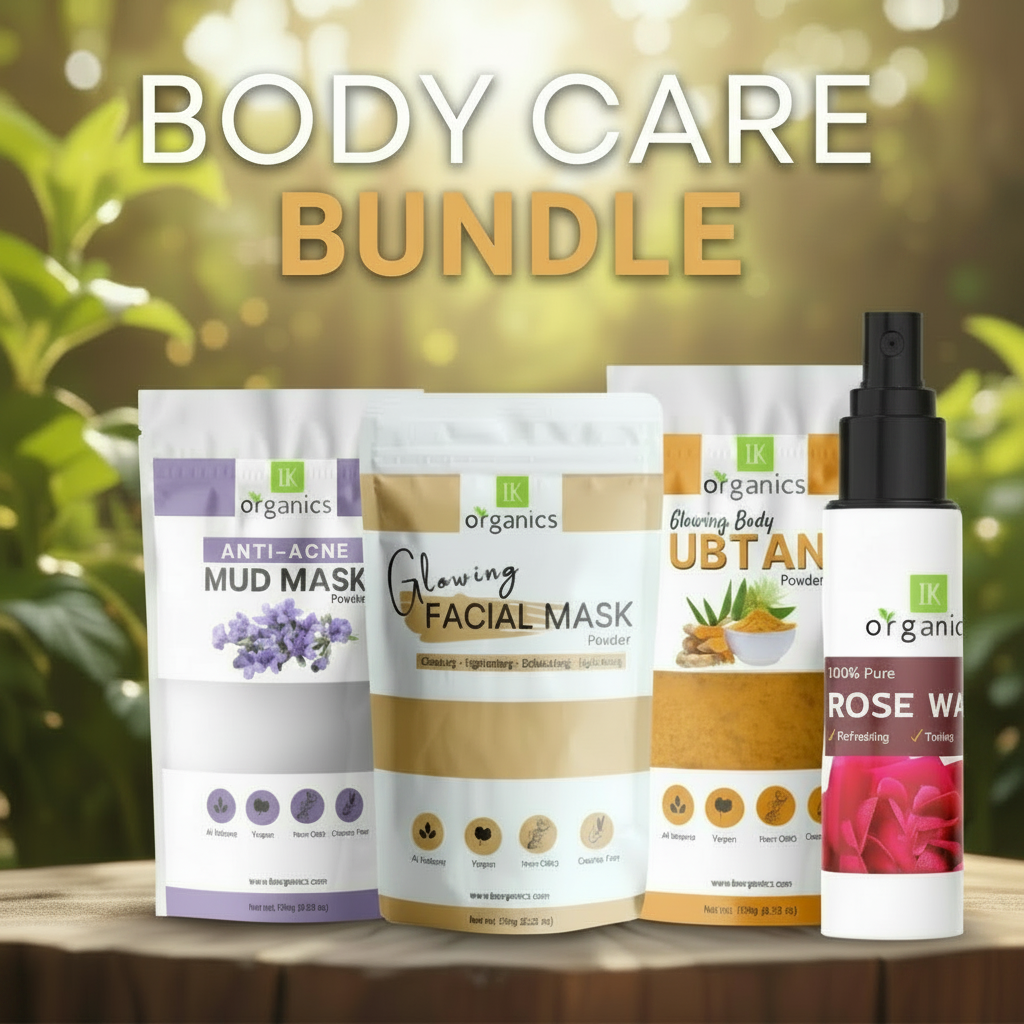 Body Care bundle featuring anti-acne mud mask, glowing facial mask, ubtan for body and rose water spray bottle by IK Organics 