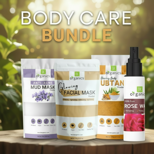 Body Care bundle featuring anti-acne mud mask, glowing facial mask, ubtan for body and rose water spray bottle by IK Organics 