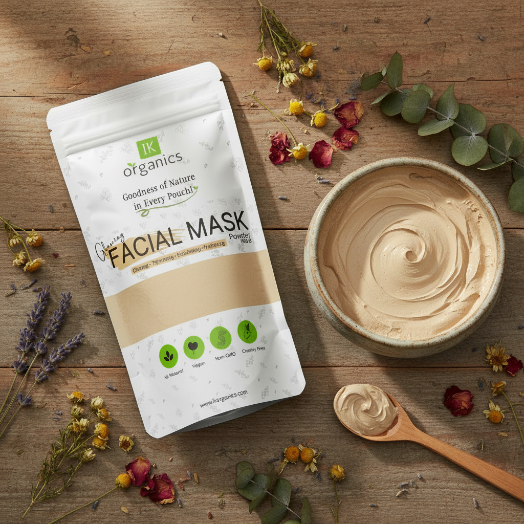 Facial mask packaging with 'IK Organics' branding on a natural background