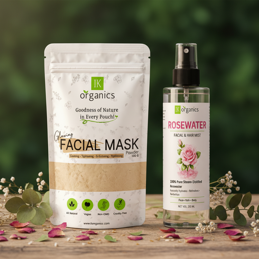 Facial mask and rosewater spray with 'K Organics' branding on a floral background
