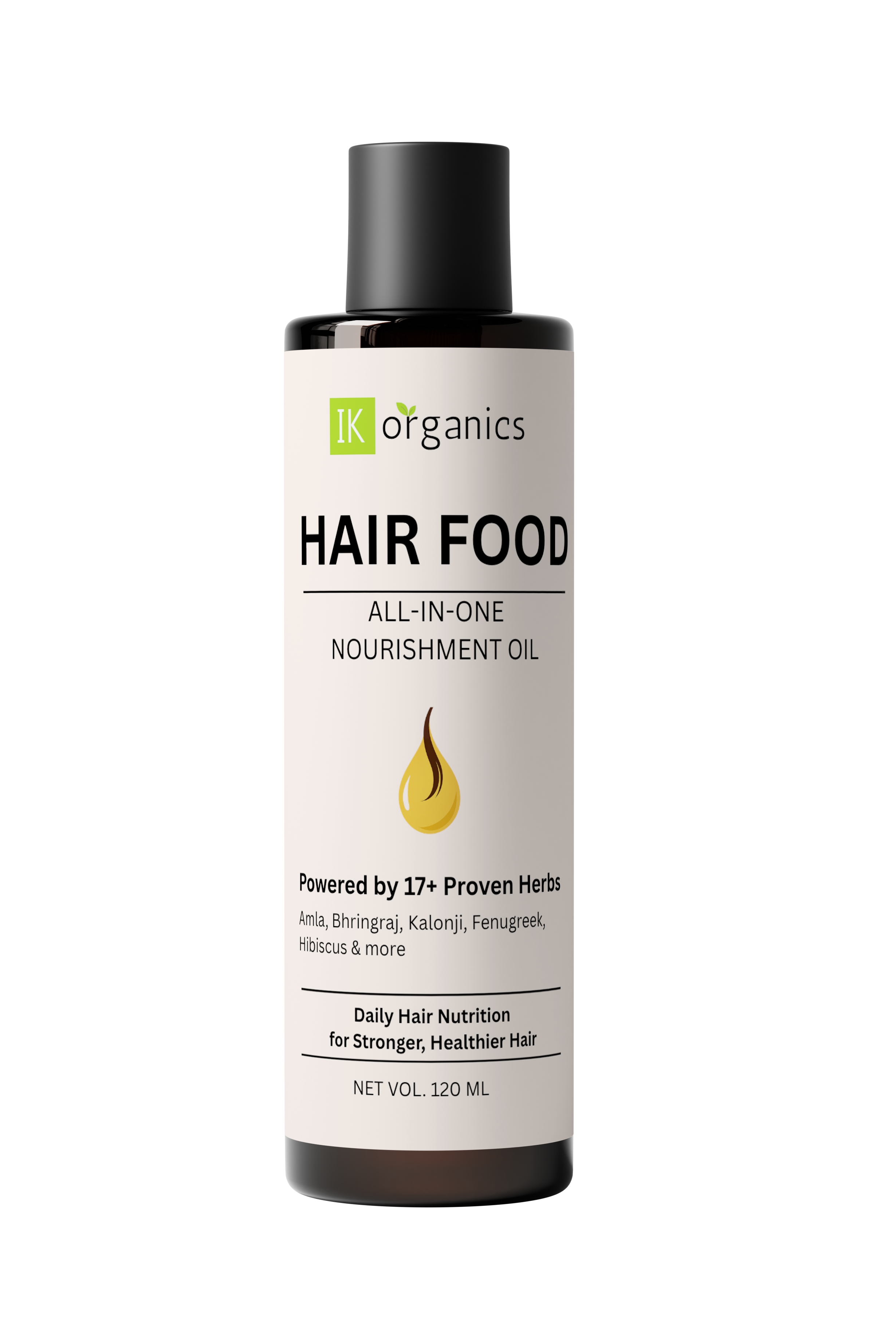 Bottle of IK Organics Hair Food oil on a white background