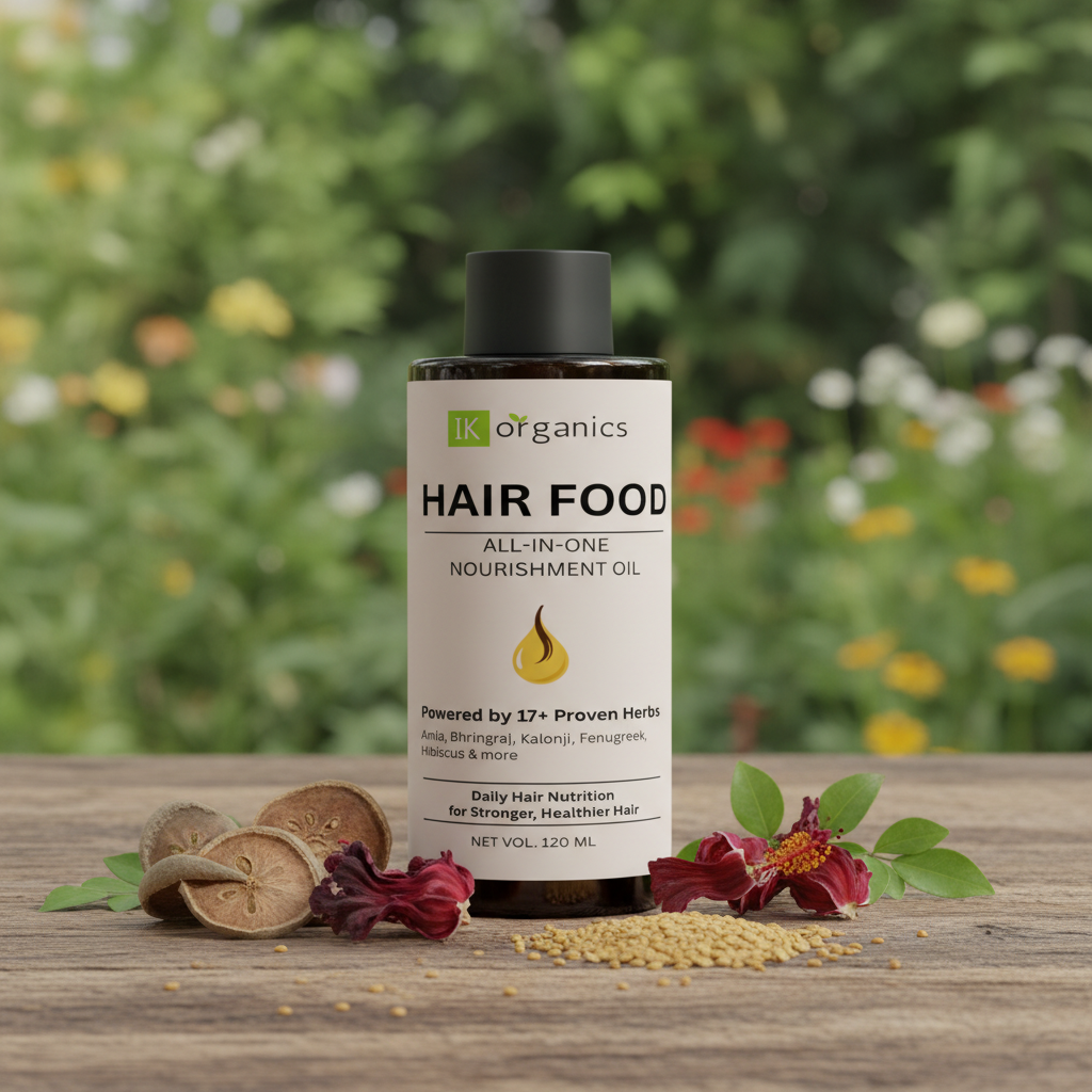 Bottle of IK Organics Hair Food oil on a natural background