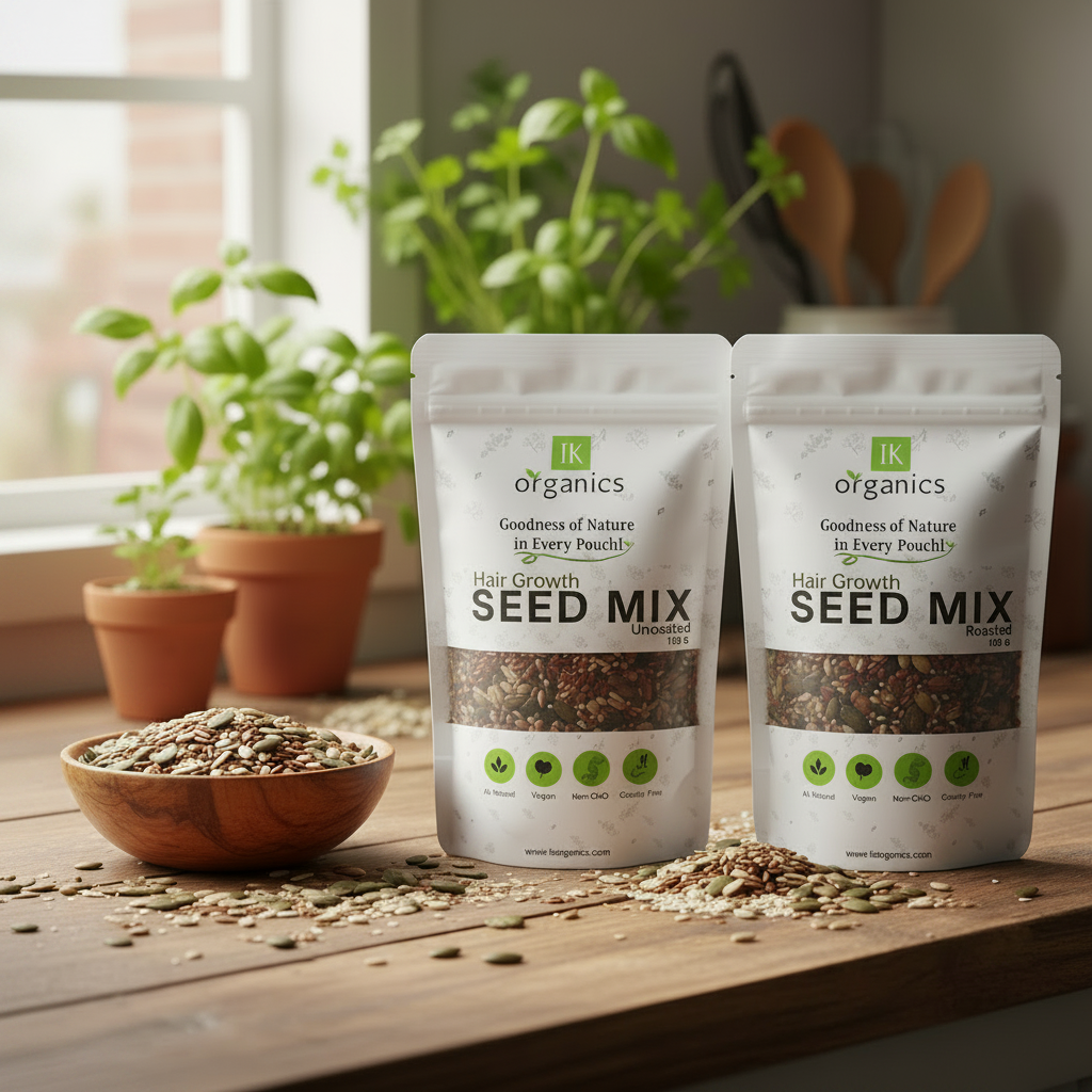 Two packages of JK Organics Hair Growth Seed Mix on a natural background