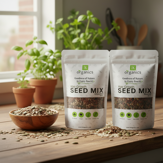 Two packages of JK Organics Hair Growth Seed Mix on a natural background
