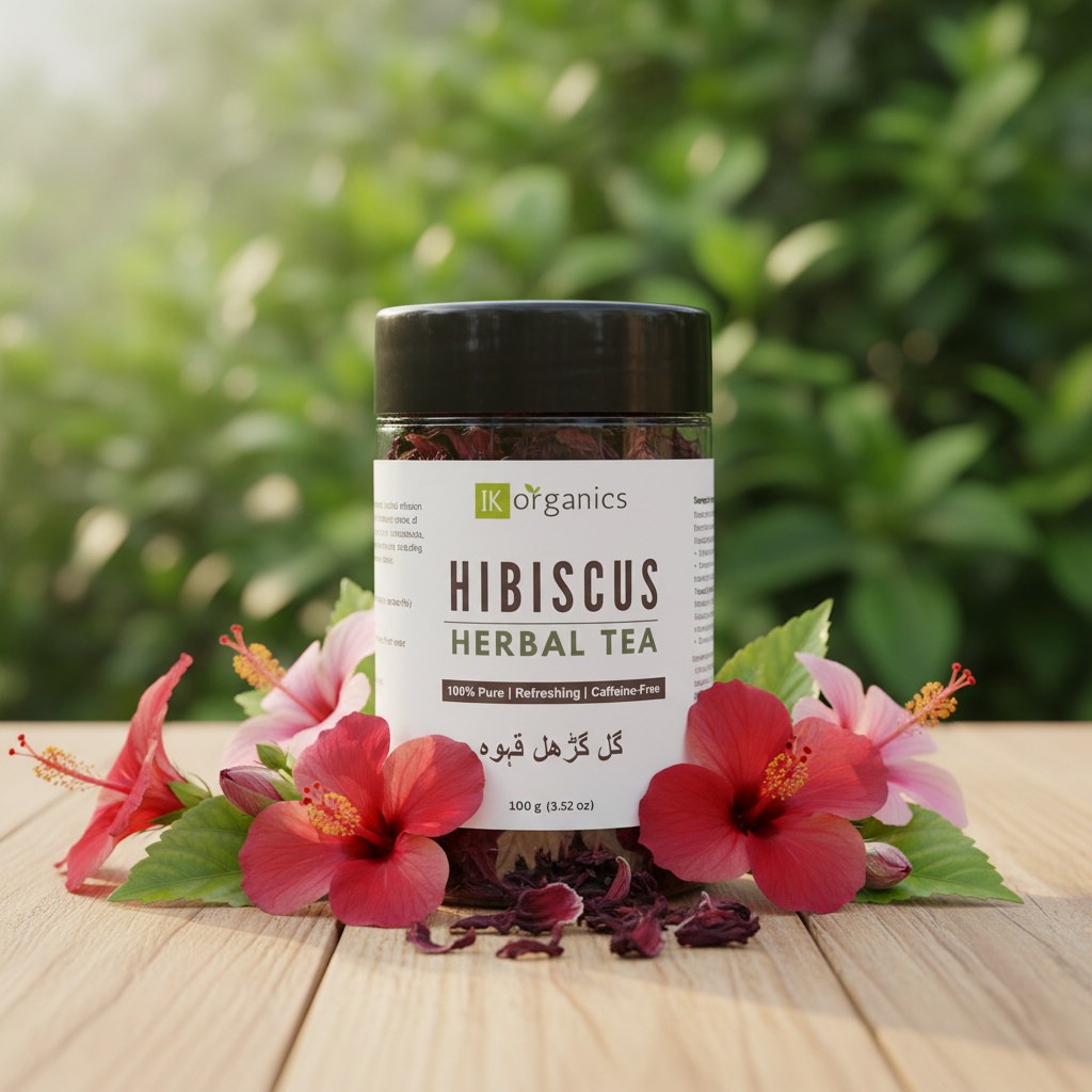 Jar of hibiscus herbal tea with a black lid on a white background by IK Organics