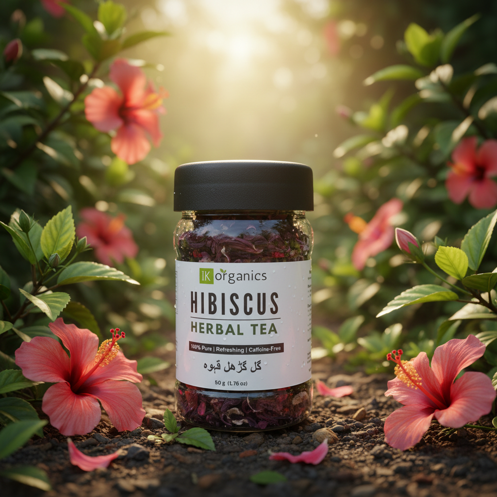 Jar of hibiscus herbal tea with a black lid on a white background by IK Organics