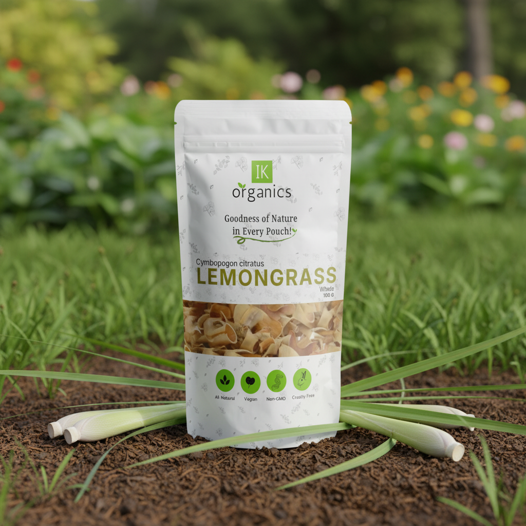 Package of IK Organics Lemongrass on a natural background