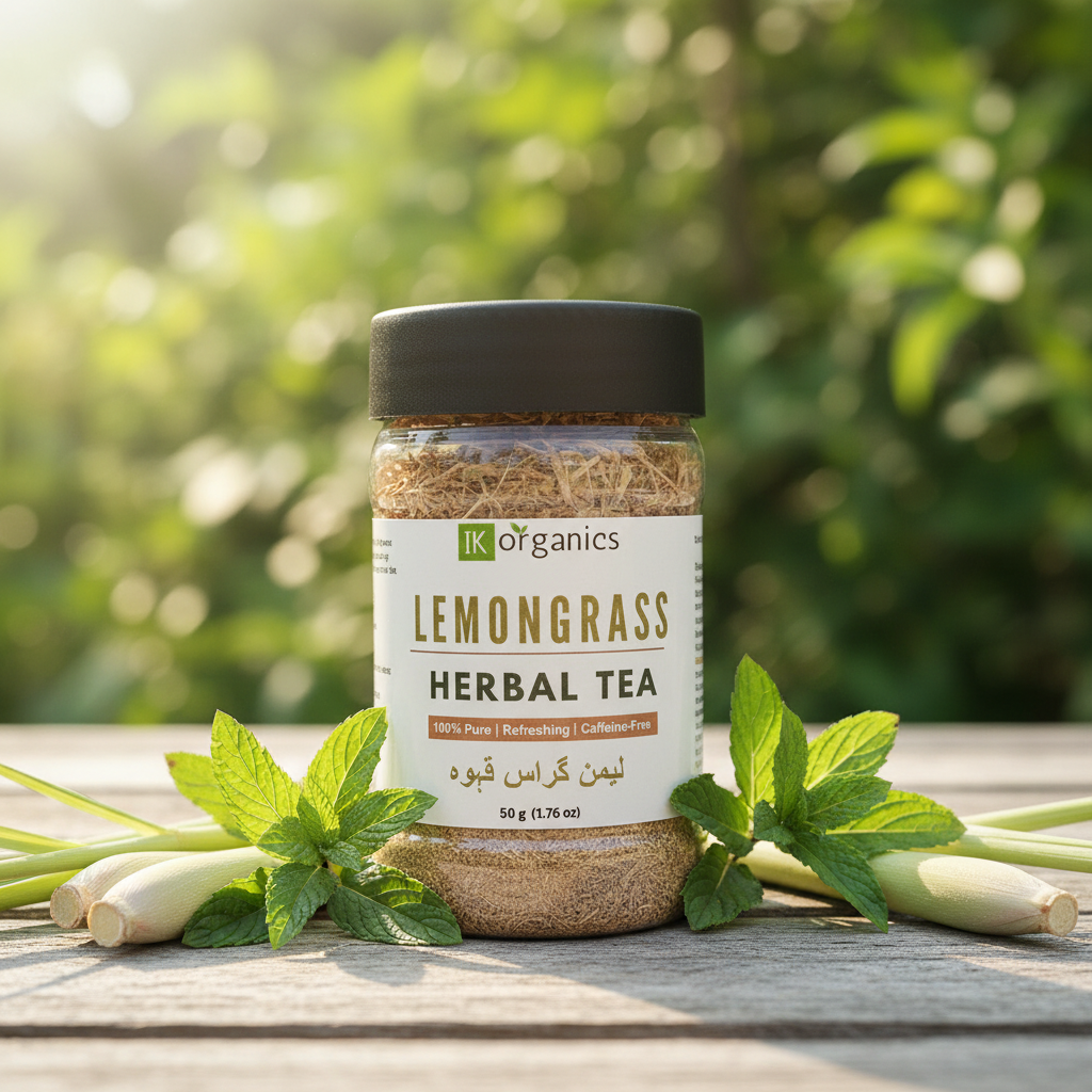 Lemongrass herbal tea jar with natural background by IK Organics