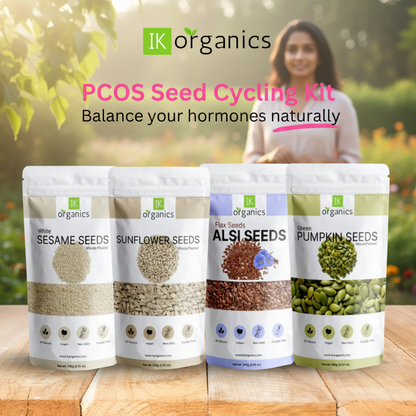 The image shows a PCOS Seed Cycling Kit by IK Organics, featuring four different seed blends: Flax & Pumpkin Seeds, Sesame & Sunflower Seeds, Pumpkin & Sesame Seeds, and Sunflower & Pumpkin Seeds. Each blend is packaged in a distinctly designed bag with the brand logo and a brief description of the seeds included.