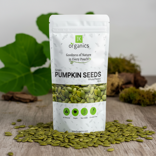Package of IK Organics green pumpkin seeds on a white background