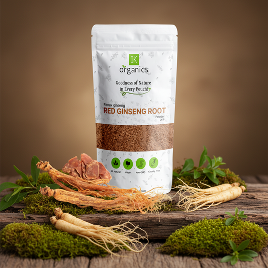 Package of IK Organics Red Ginseng Root with ginseng roots on a natural background