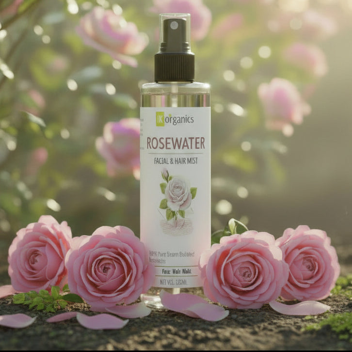 Rosewater facial and hair mist bottle with a black spray nozzle on a white background by IK Organics
