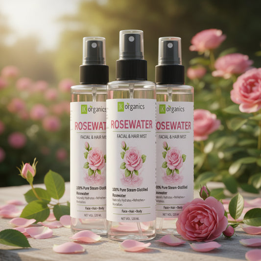 Rosewater pack of 3 facial and hair mist bottles with a black spray nozzle on a white background