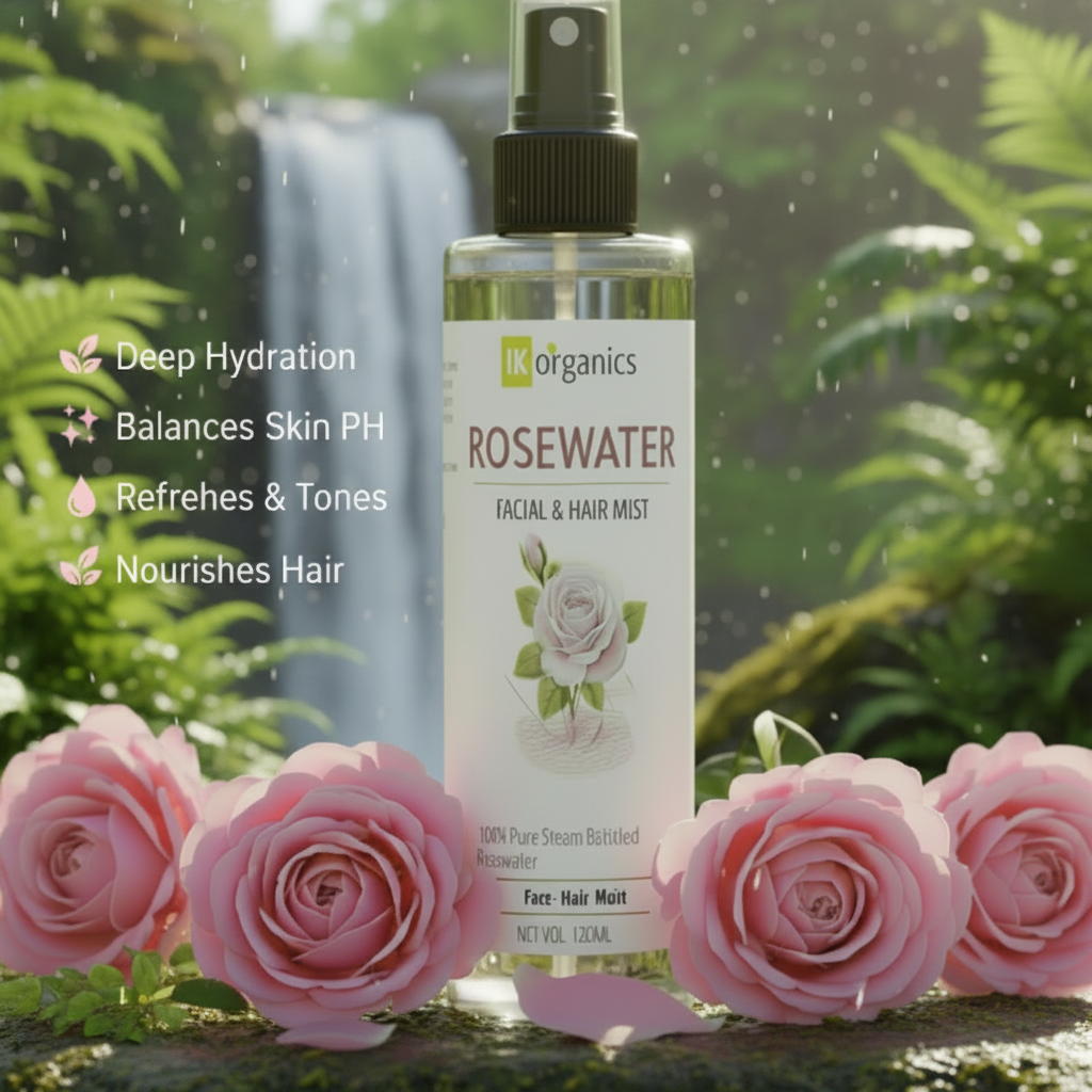 Rosewater facial and hair mist bottle with pink roses on a blurred natural background with benefits