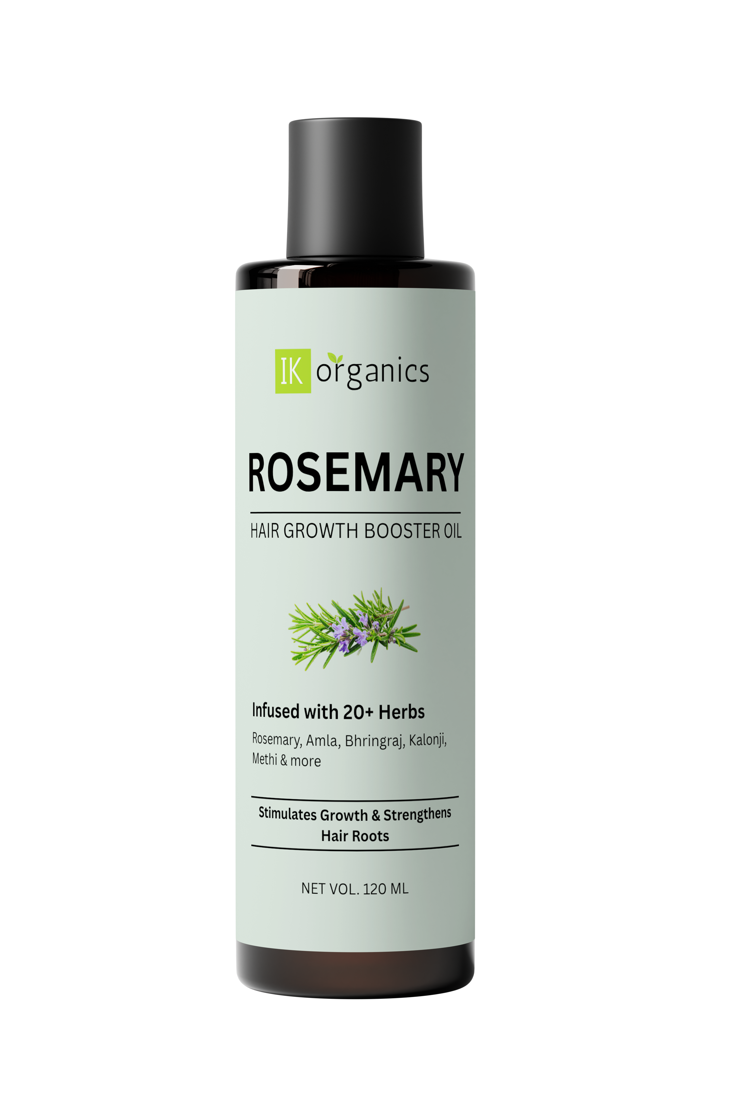 Rosemary hair growth booster oil bottle with IK Organics branding on a white background