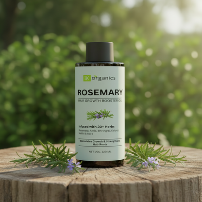 Rosemary hair growth booster oil bottle with IK Organics branding on a natural background
