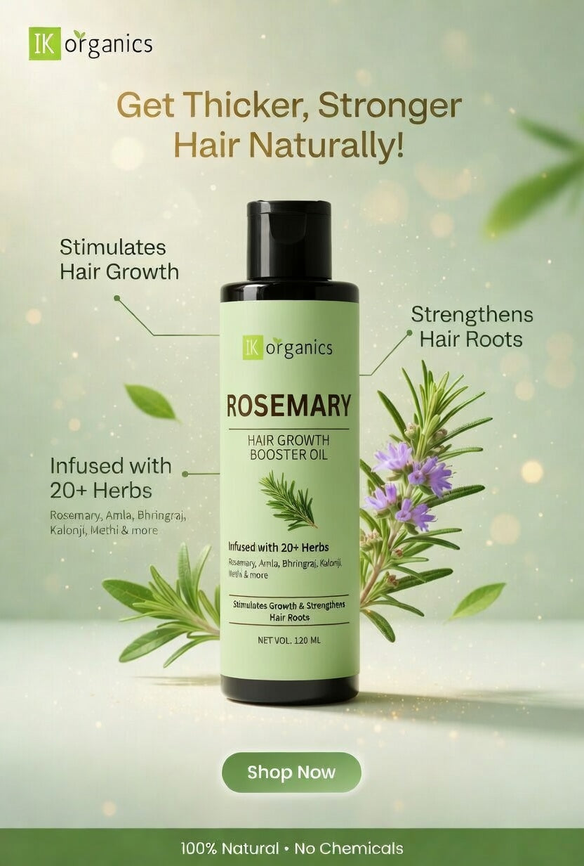 Hair growth booster oil bottle with rosemary leaves and flowers on a light green background
