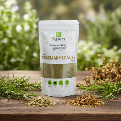 Package of dried rosemary leaves by IK Organics on a natural background