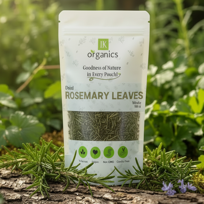 Package of dried rosemary leaves by IK Organics on a natural background