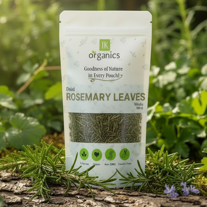 Package of dried rosemary leaves by IK Organics on a natural background