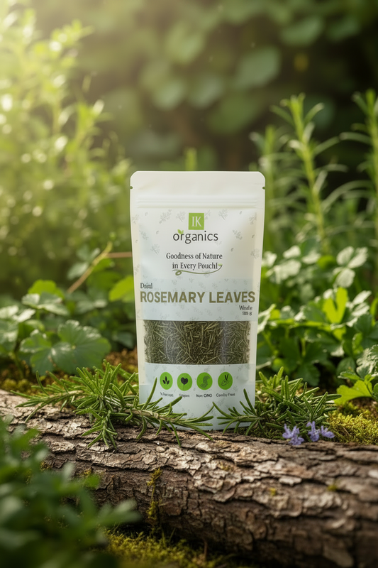 Package of dried rosemary leaves by IK Organics on a natural background