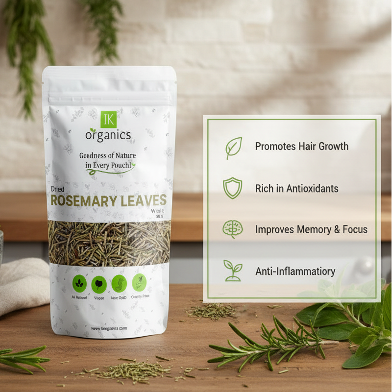 Package of IK Organics dried rosemary leaves with benefits
