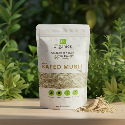 Package of IK Organics Safed Musli on a natural background