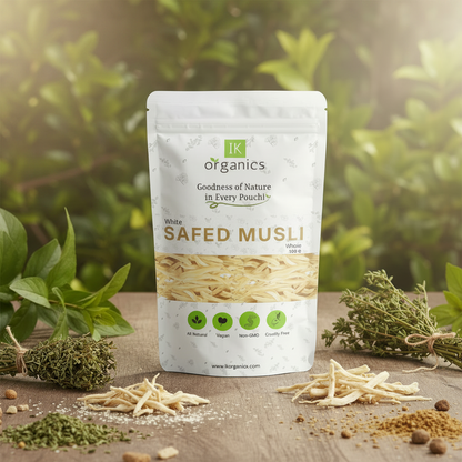 Package of IK Organics Safed Musli on a natural background
